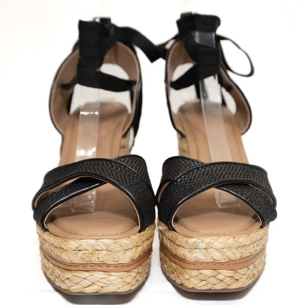 New Sam Edelman Black Strappy Vaughn Espadrille Wedge Sandals Size 10